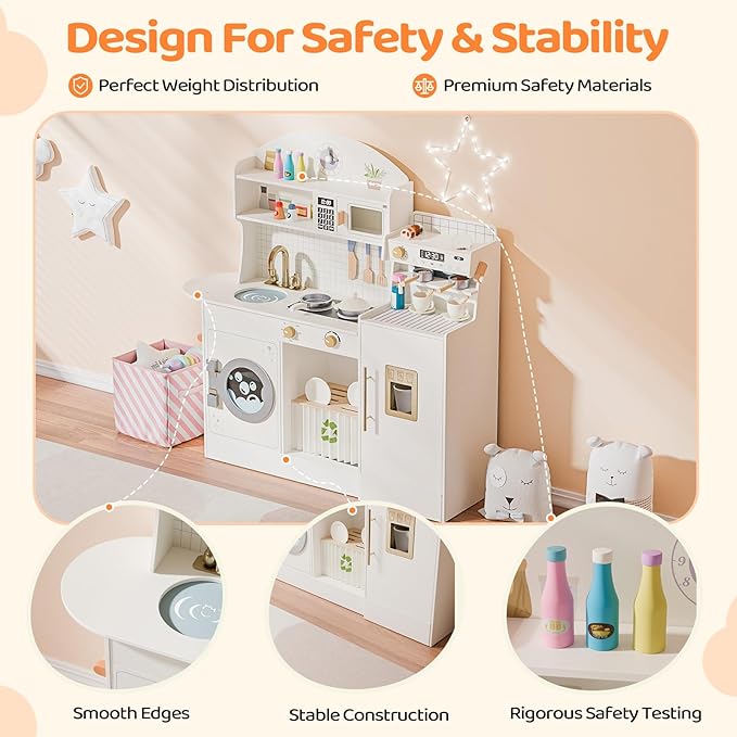 JOYMOR Wooden Play Kitchen w/Coffee Machine, Plenty of Play Pretend Kitchen Accessories, Kids Play Kitchen Design, Best Gift for Ages 3+ (Cream&Gold)