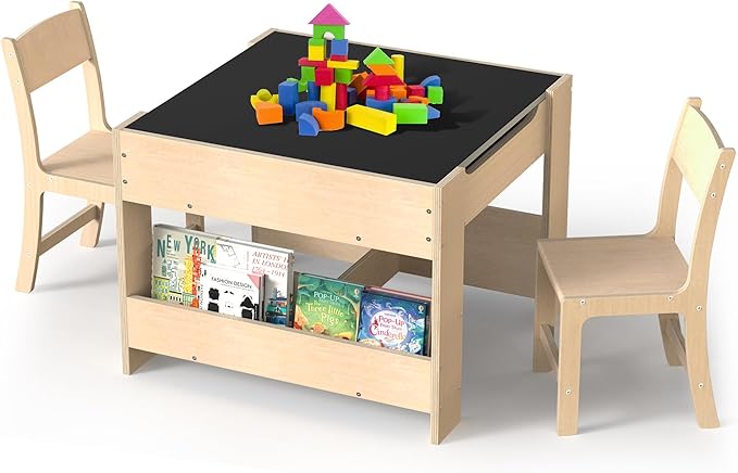4-in-1 Kids Wooden Activity Desk & Chair Set – Birch Plywood Table with Reversible Whiteboard & Chalkboard, 3 Storage Areas for Toddlers’ Learning, Art, and Play(1-4 Years)