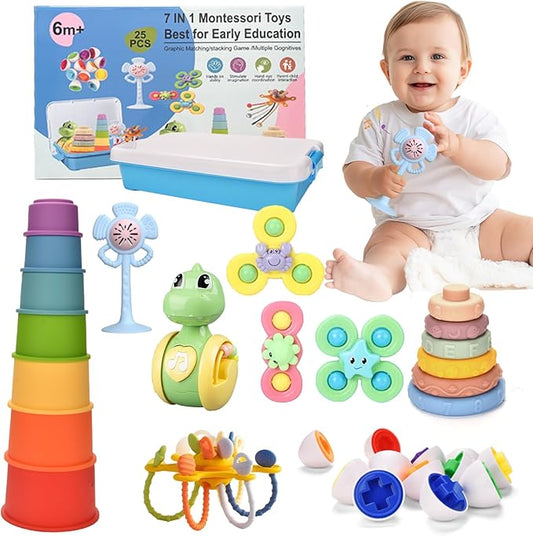 Montessori Toys for 1 Year old,Baby Toys 6-9-12 Months,7 in 1 Sensory Teething Toy for Toddlers Aged 1-3,Stacking Cups Building Blocks,Teething Pull String,Eggs Toys for 6-9-12-18 Months Baby Gifts