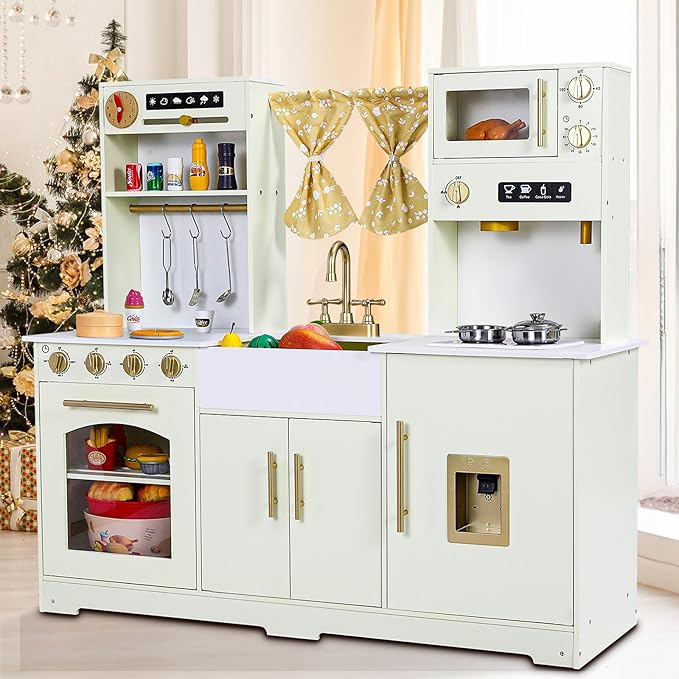 MAMIZO Kids Play Kitchen, Wooden Pretend Toy Kitchen, Large Toodler Cooking Playset, Stove and Water Dispenser w/Sound & Light, Sink, Microwave, Curtain, Modern Home Style for Ages 3+ (Yellow)