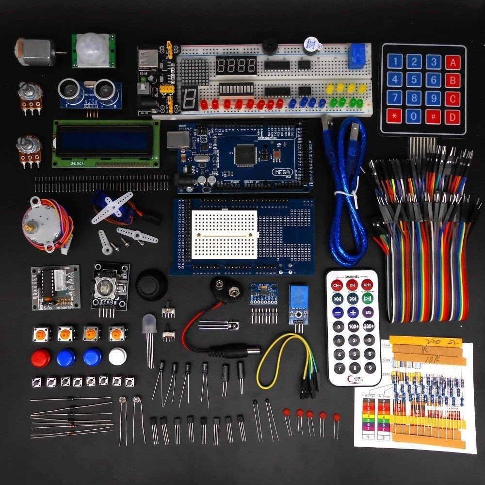 Complete Ultimate STEM Electronic Projects Starter Kit for Arduino with Mega2560, LCD1602, Servo, Stepper Motor, Sensors, Breadboard, Jumper Wire, Resistor, Capacitor, Transistor and Tutorial