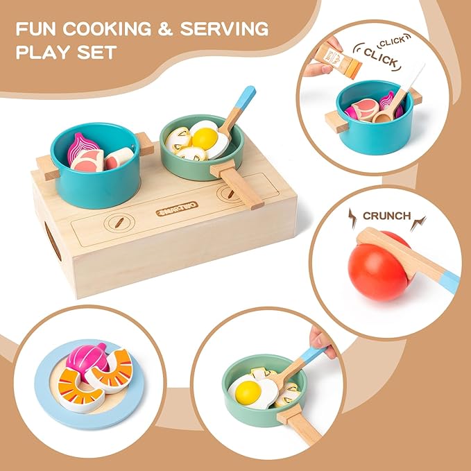 Wooden Play Cooking Set,27pcs Pretend Play Food Toys Set for Kids Toddlers, Wooden Kitchen Accessories Toys Set ,Cooking Toys with Play Dishes,Pot and Pan,Utensils,Gifts for 3 4 5 Years Old Girls Boys