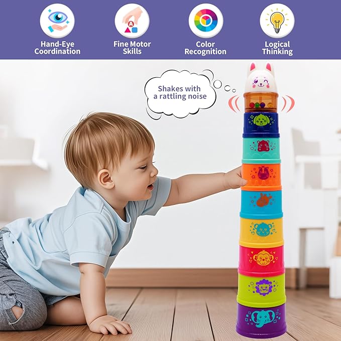 Bunny Baby Stacking Cups for Toddlers 1-3, Stacking Toys Plastic Stackable Cups for Babies 6-12 12-18 Months Toddler Toys 1-2 Nesting Color Learning Montessori Toy Gift for 1 Year Old Boy Girl