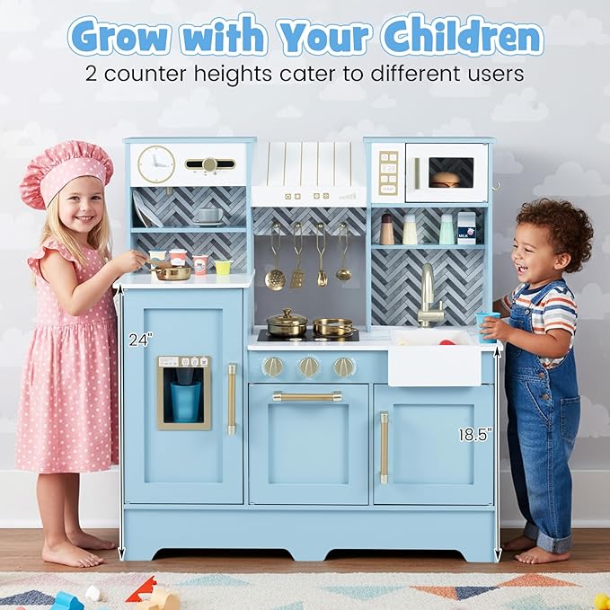 HONEY JOY Play Kitchen, Wooden Toy Kitchen Set with Coffee Maker, Microwave, Range Hood, Ice Maker, Stove, Dish Rack, Cookware, Pretend Play Kids Kitchen Playset for Toddler Boys Girls (Blue)
