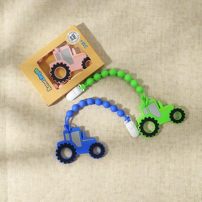 Baby Food Grade Silicone Tractor Truck Teether Toy with Pacifier Clip Holder,Teething Toys Gift Set for 3 Months+ Boys and Girls,Freezer Safe,BPA Free. (Blue)