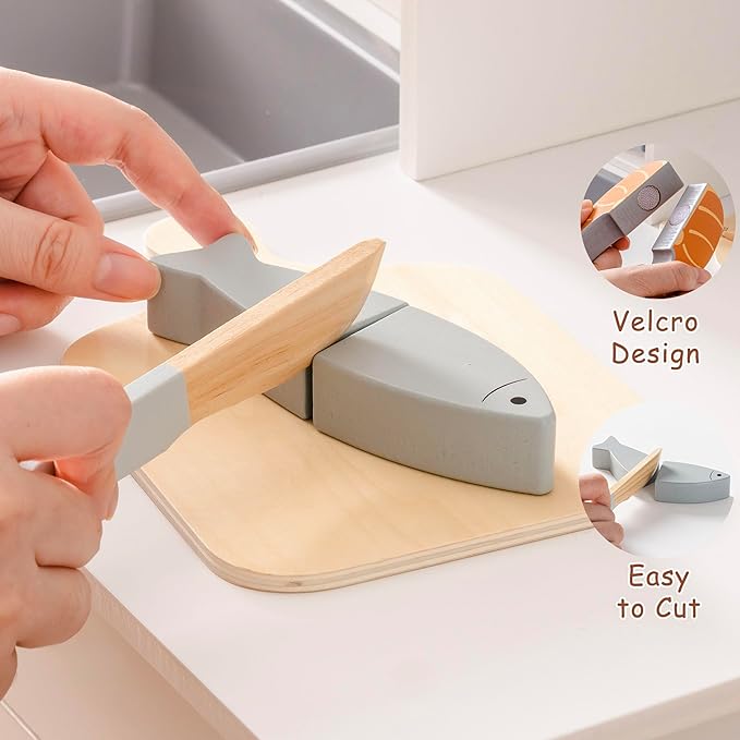 ROBOTIME Wooden Play Food Cutting Meat & Eggs Set, Pretend Play Toy Food for Play Kitchen with Shopping Bag – Kids Kitchen Accessories, Wooden Food Toys for Boys & Girls