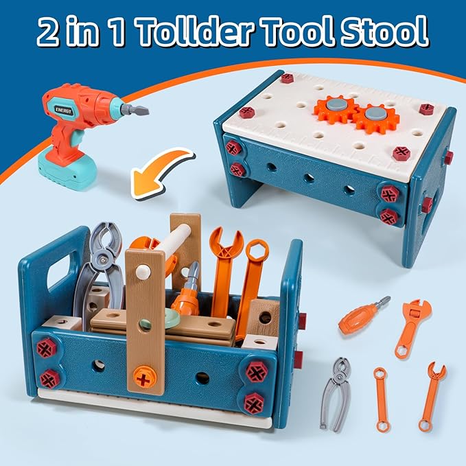 Kids Tool Set with Drill,120Pcs Toddler Tool Set with ToolBench,Montessori Toy for 2+Year Old,Educational STEM Construction Toys for Ages 2-4,Pretend Play Toddler Toys 3-5 Year Old Birthday Gift
