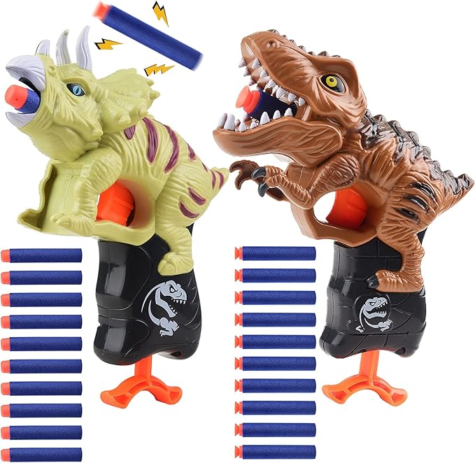2 Pack Dinosaur Gun Toys for Toddlers Boys 3 4 5 6 7 Year Old Birthday Gifts Valentines Easter Christmas Stocking Stuffers, Small Dino Blaster Shooting Game with Soft Foam Darts Compatible with Nerf