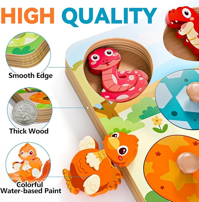 Wooden Puzzles for Toddlers 1-3, Baby Puzzle 12-18 Months, Montessori Toys for 1 Year Old Boys Girls Christmas Birthday Gifts, Animal Peg Puzzles for Toddlers 2-4, Preschool Learning Activities
