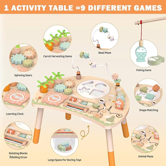 Activity Table, 9-in-1 Wooden Montessori Toy Activity Center with Shape Sorter Fishing Game Bead Maze, Baby Play Table Sensory Educational Toys for Toddler