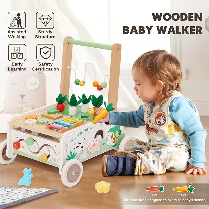 Wooden Baby Walker, Baby Push Walker, Adjustable Speed Baby Walker with Wheel, Toddler Activity Center Toys, Montessori Farm Walker Toy with Shape Sorter, Carrot Harvest for Boys and Girls