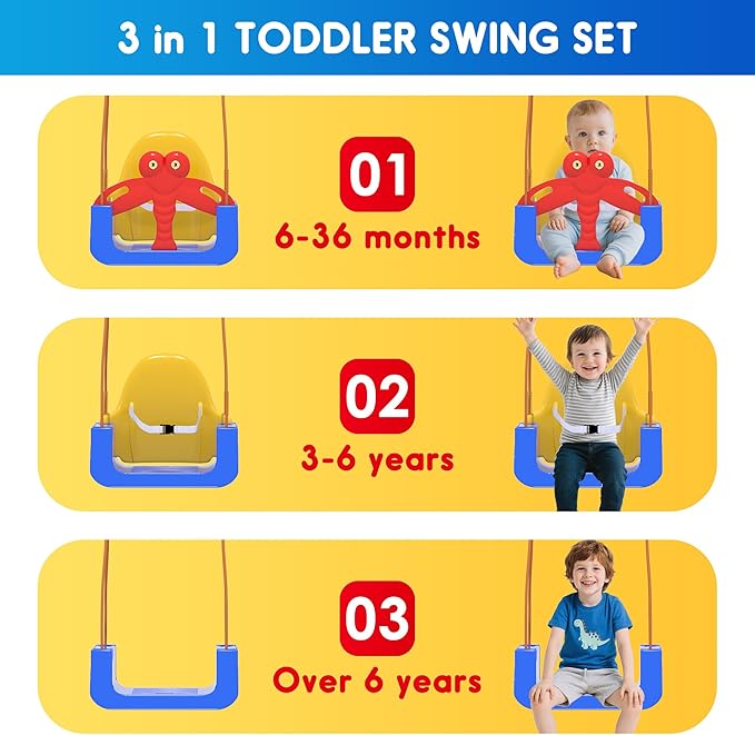 3-in-1 Toddler Swing Set, Baby Swing with Safety Belt, Indoor/Outdoor, Easy to Assemble Kids Swing Seat with Sturdy Metal Stand for Playground, Backyard and Nursery, Blue Yellow