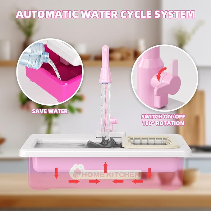 Doloowee Color Changing Kitchen Sink Toys,Electric Dishwasher Playing Toy Play Sink for Kids 3-5 with Running Water,Upgraded Faucet and Play Dishes,Pretend Play Kitchen Toys for Kids Boys Girls(Pink)