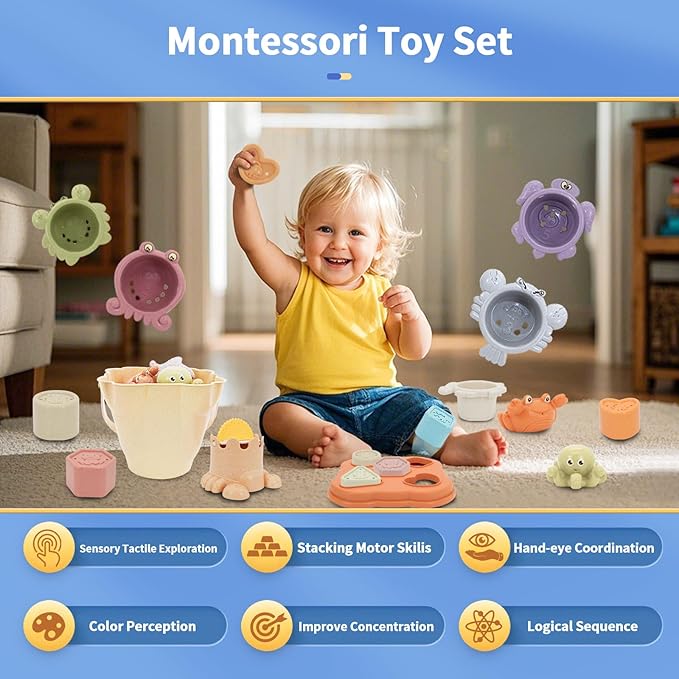 Stacking Toy for Toddler 1-3, 4 in 1 Montessori Sensory Toys, Shape Sorter for Sand Bath Play, Infant Learning Color Sorting Toy for Fine Motor Skills, Birthday Gift for Baby Boys Girls 1 2 3