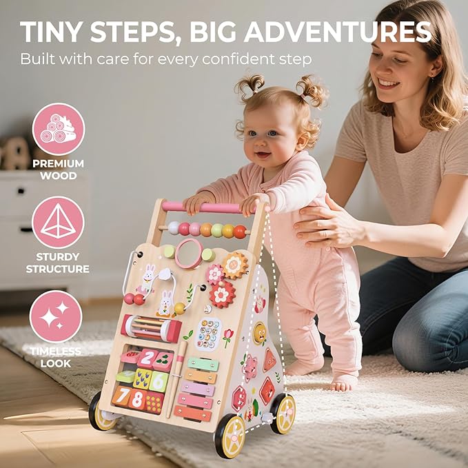 Baby Push Walker, Wooden Baby Walker with Wheels, Montessori Activity Center for 1 2 3 Years Old Boys Girls, Adjustable Speed & Height Push Toy for Toddler Learning to Walk, Gift for Kids Development