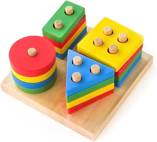 Boxiki kids Montessori Puzzles for 1 2 3 Year Old Boys, Girls & Toddlers - Wooden Shape Sorter & Stacking Toy, Enhances Brain Activity, Helps Color Recognition, & Activates Motor Skills.