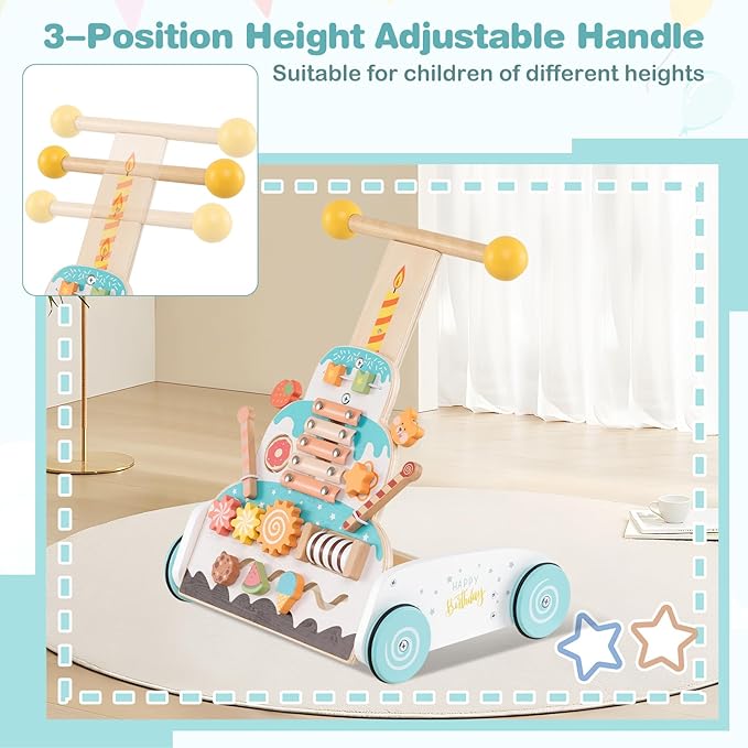 HONEY JOY Baby Push Walker, Wooden Infant Walker Activity Center w/Adjustable Handle, Develop Motor Skills & Creativity, Push Toys for Babies Learning to Walk, First Birthday Gift for Boys and Girls
