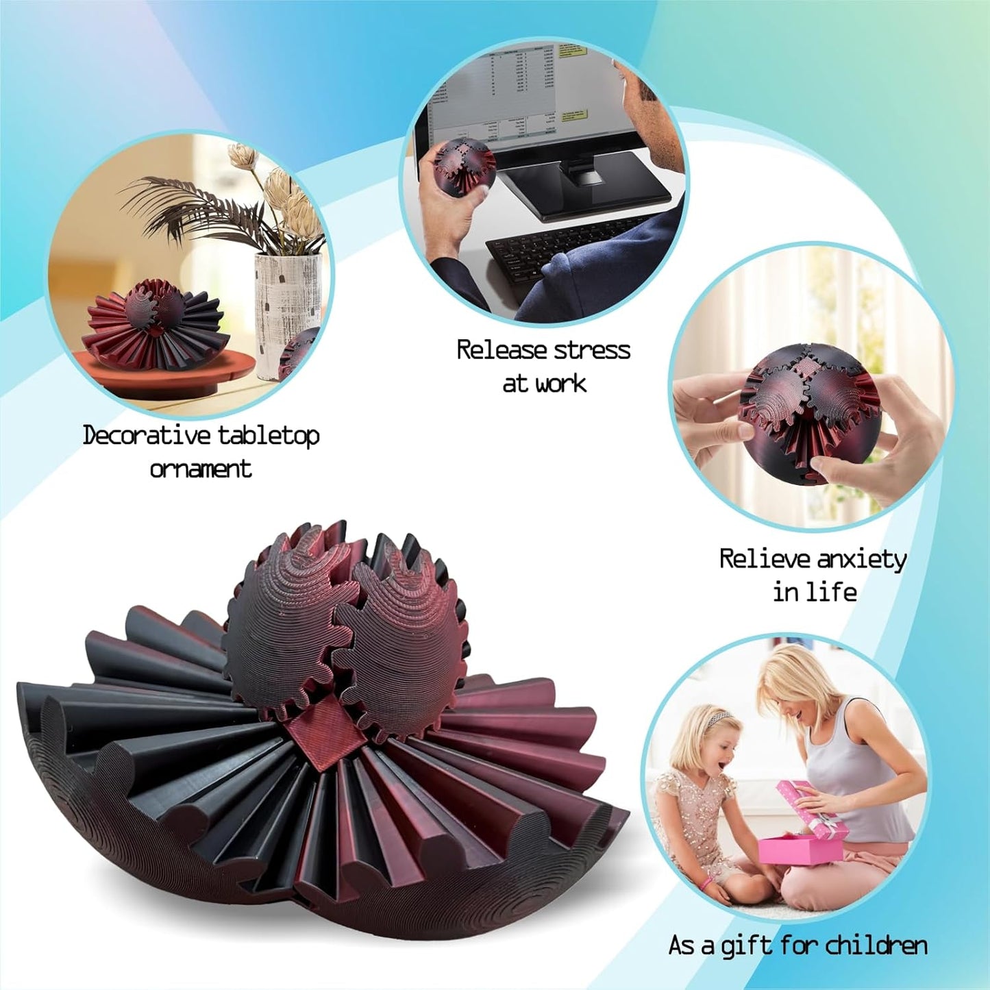 3D Printed Gear Ball Spin Ball Cube Fidget Toy, 2024 3D Printed Gear Sphere Cube Puzzle Birthday Gift, Stress and Anxiety Relaxing Fidget Toy, GearSphere Desk Toy (Black-red)