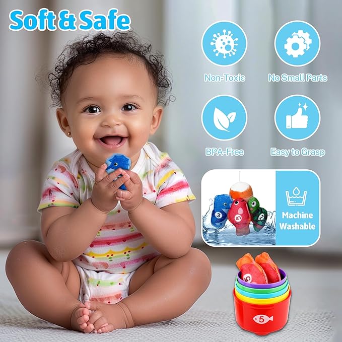 Montessori Toys for 1 Year Old Boys Girls – 22 in 1 Cloth Fishing Game with Stacking Cups, Color Sorting & Number Counting Learning Toys, Birthday for Toddlers 1-3