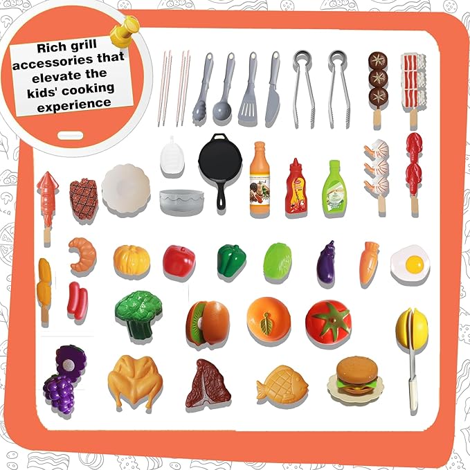 Play Kitchen Sets Toy for Toddlers 3-5, Indoor Outdoor Interactive Kids BBQ Grill Playset with Smoke, Sound & Light, Pretend Cutting Food, Christmas Birthday Gift for Boys and Girls 4-8.