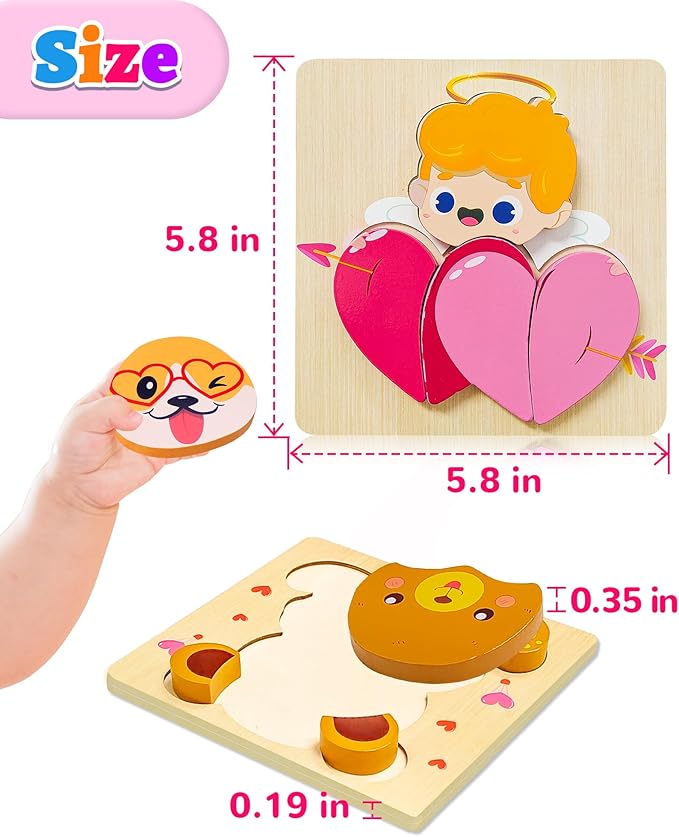 Yetonamr Valentines Wooden Puzzles Gifts for Kids, 4 Pack Toddler Valentine Day Toys for Boys Girls, Valentine Gifts for Kids Classroom, Montessori Toys Valentines Day Party Favors
