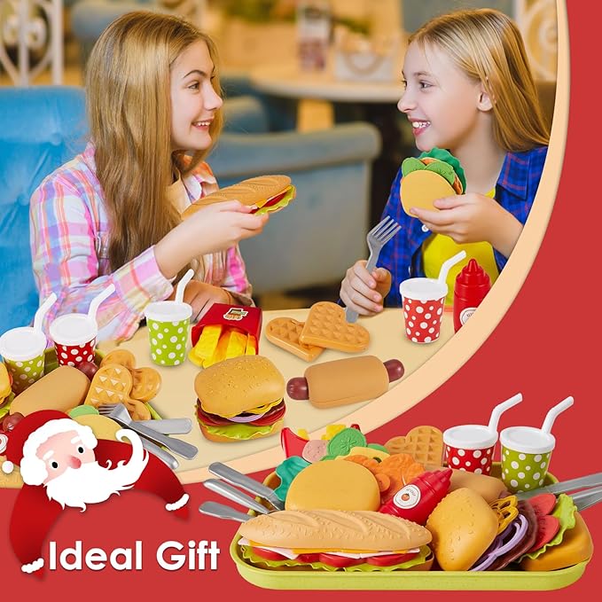 BUYGER Fast Food Play Food Toys for Kids Toddler Children Toy Kitchen Accessories Playset Plastic Toy Food Sets Pretend Play Gifts for 3 4 5+ Years Old