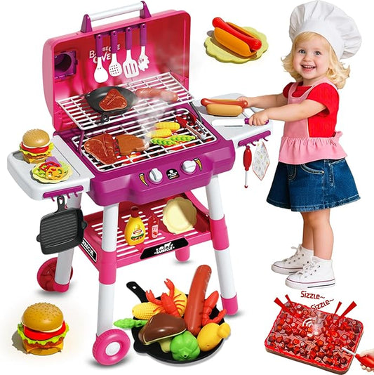 Kid Toy Grill, BBQ Grill Playset with Light Sound, Smoke Effect and 2 Wheels, Pretend Food, Little Chef Play Kitchen Accessories, Christmas Birthday Gifts for Boys Girls Ages 3 4 5 6 7 8