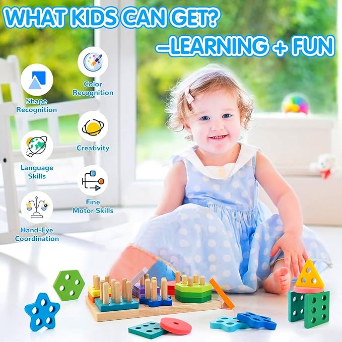 Shape Sorters for Toddlers 1-3 with 24-Piece Large Blocks & 12 Word Cards, Montessori Sensory Developmental Toy for Baby 12mo+, Wooden Stacking Puzzle Toy for 2-4 Year Old Kid Boy & Girl Birthday Gift