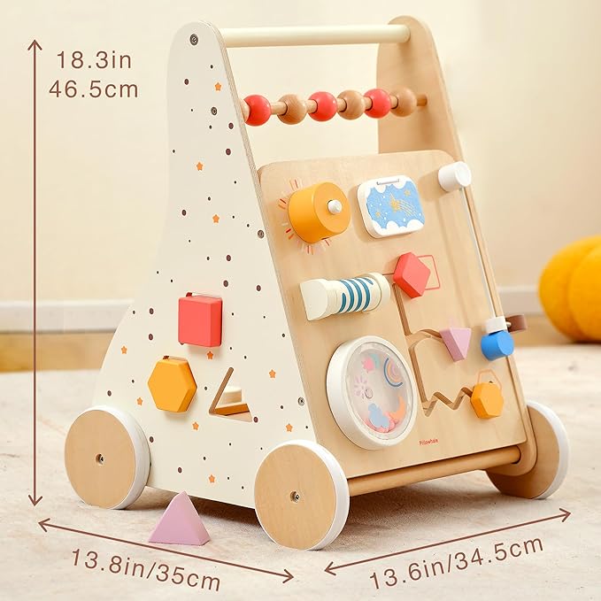 Wooden Baby Walker, Baby Push Walker, Montessori Activity Center Push Toy, Ajustable Speed Baby Walker with Wheels for Toddlers Learning to Walk 12m+