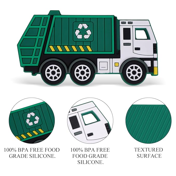 Baby Food Grade Silicone Carrier Vehicle Teether Toy with Pacifier Clip Holder,Teething Toys Gift Set for 3 Months+ Boys and Girls,Freezer Safe,BPA Free.(Garbage Truck)