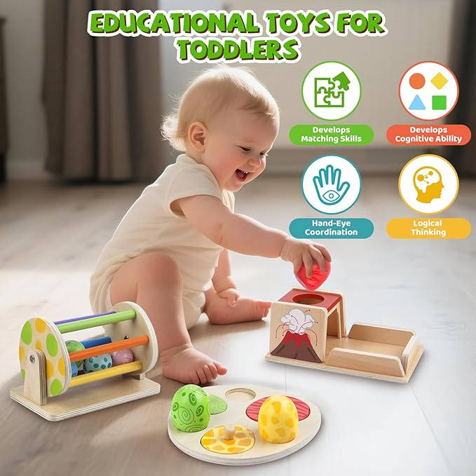 Montessori Toy Wooden Baby Toy Dinosaur Egg Toy, Spinning Drum, Object Permanence Box Ball Drop Toy, Stacking Matching Shape Puzzle Game Early Learning Gift Christmas Birthday for Toddlers