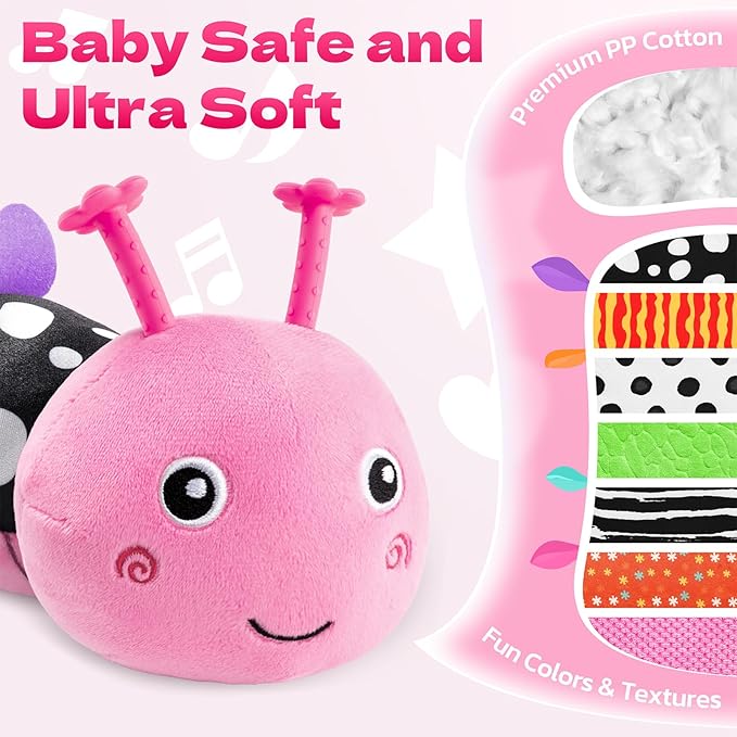 HEMRLY Baby Gifts Toys, Sensory Toy 0-6 Months, Musical Stuffed Caterpillar Plush with Soft Teether, Rattle for Tummy Time, Infant Car Seat Toy for 0-3-6-12 Month Boys Girls Gifts - Spotted Pink