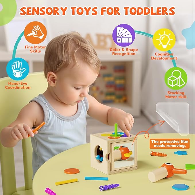 5-in-1 Wooden Activity Cube, Toddlers Montessori Toys for Baby Boys Girls, Baby Activity Center for 2+ Year Old, Woodpecker Worm Toy Magnetic Bird Feeding Game, Educational Color & Shape Sorting Toy