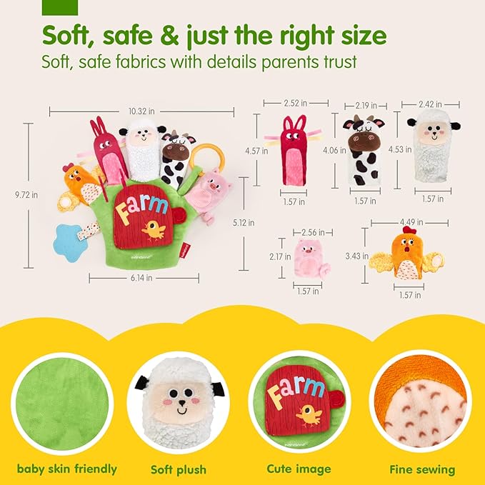 hahaland Baby Sensory Toys 6-12 Months – Montessori Farm Animal Hand Puppets with Rattle, Crinkle, Teether, Mirror – Multi-Sensory Infant Toys for Boys and Girls, Ideal Birthday Christmas Gift