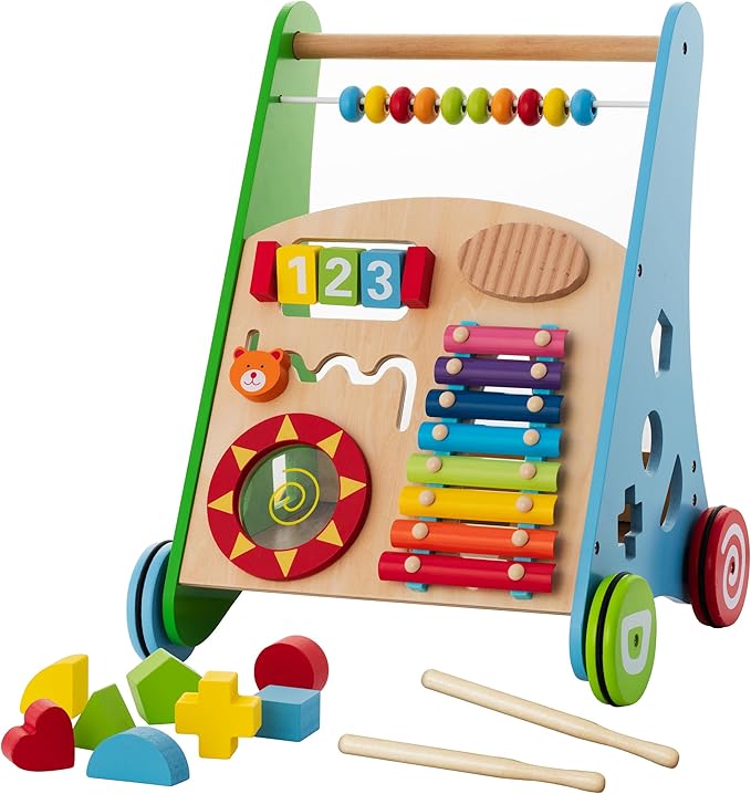 Wooden Baby Walker with Activity Center for Toddler Boys & Girls - Montessori Baby Push Walker Toy with Adjustable Speed - Baby Walker with Wheels for Kids Development by KIDDERY TOYS