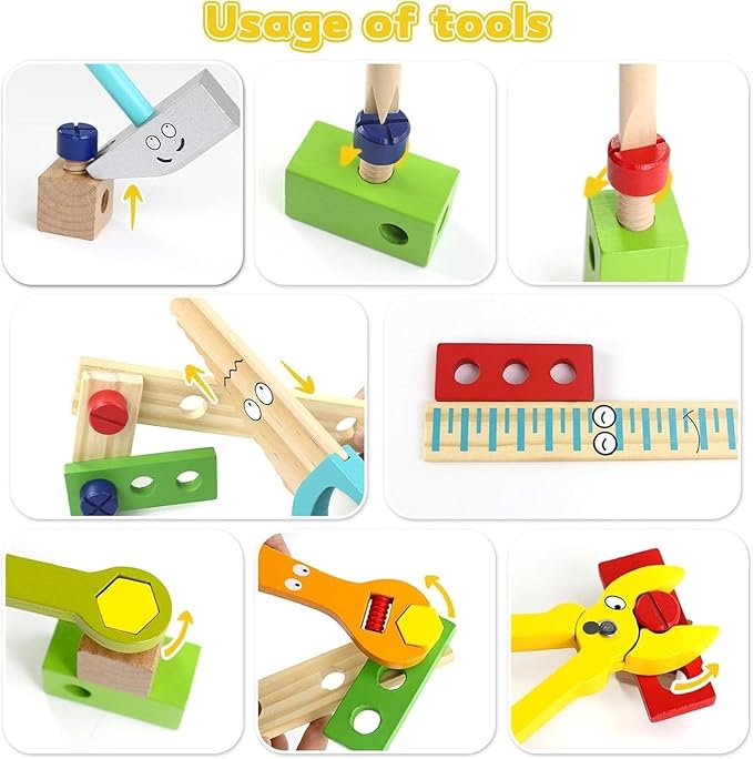 TONZE Kids Tool Set Wooden Toddler Tools Montessori Toys for 3 4 Year Olds, 34 PCS Educational STEM Construction Toys Pretend Play Toddler Tool Set Birthday Gift for Age 3-4 Boys & Girls