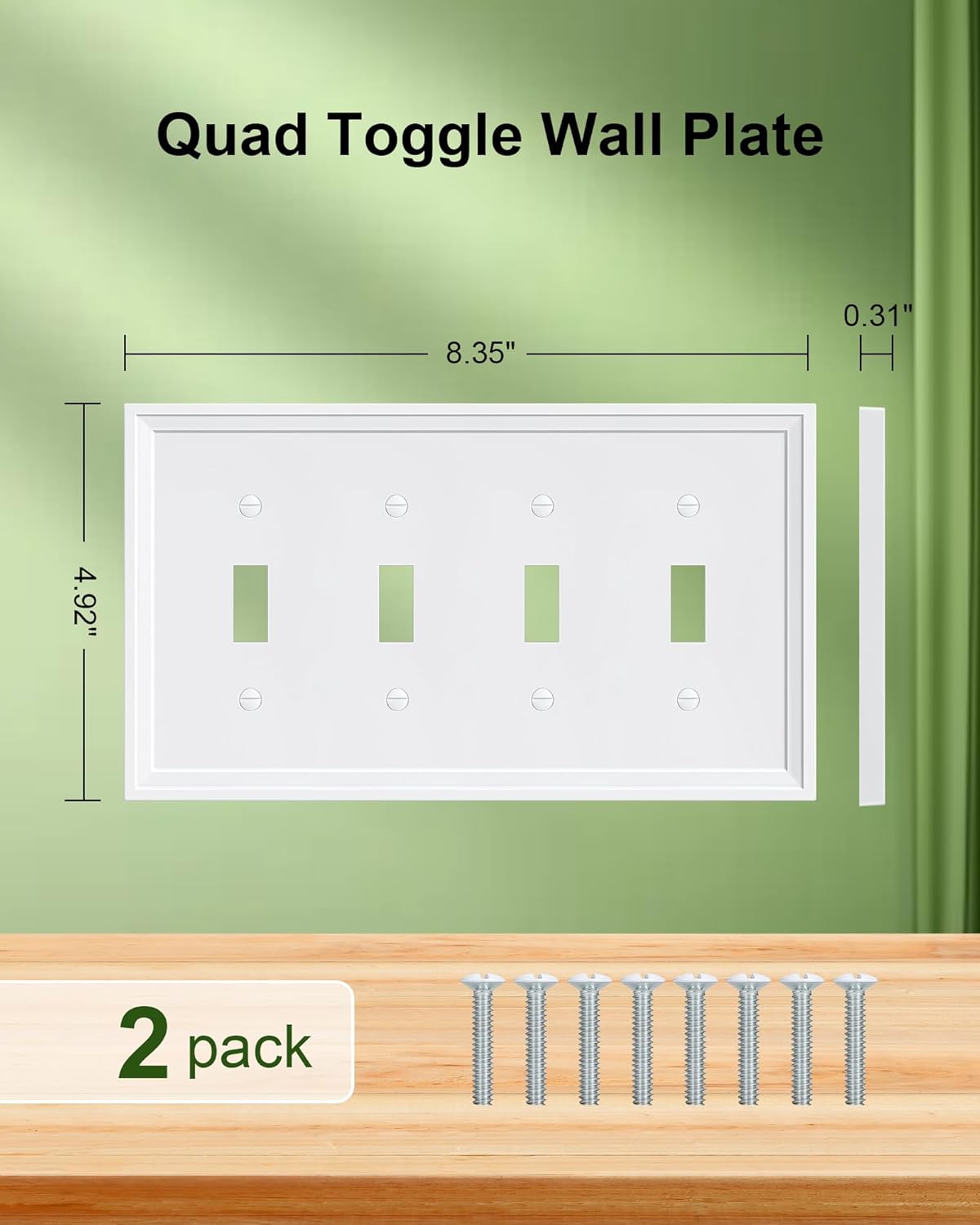 2-Pack Quad Toggle Light Switch Cover Plate, White Decorative Switch Plate Covers, Natural Bamboo Fiber 4 Gang Wall Plate, Corrosion Resistant
