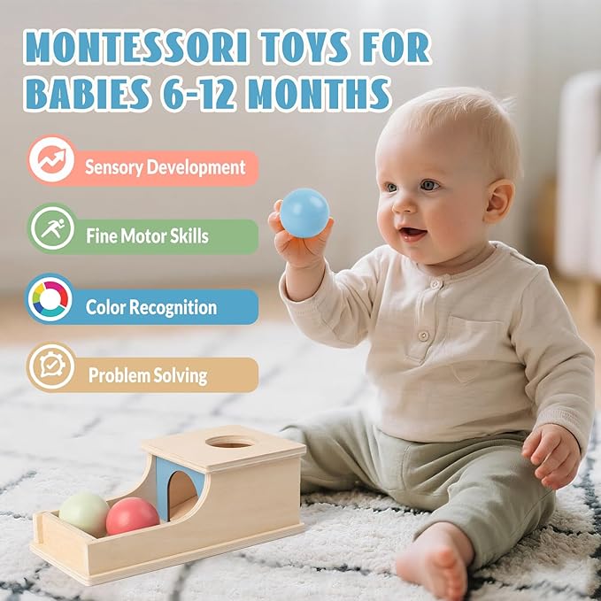 Busy edition Montessori Toys for Babies 6-12 Months, Wooden Object Permanence Box, 9 Month Old Baby Toys, Preschool Developmental Toy for Infant, Toddler Ball Drop Toy Girl Boy Gift