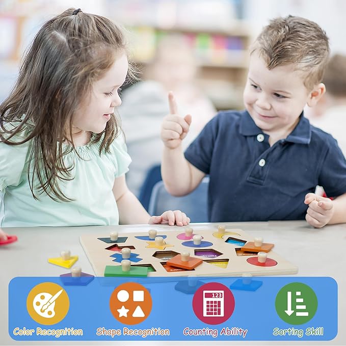 Wooden Shape Peg Puzzles for Toddlers 3 4 5 Year Old, Toddler Learning Toys Shape Sorter Color Match Montessori Toys Educational Puzzles for Toddlers 3-5 Easter Birthday for Girls Boys