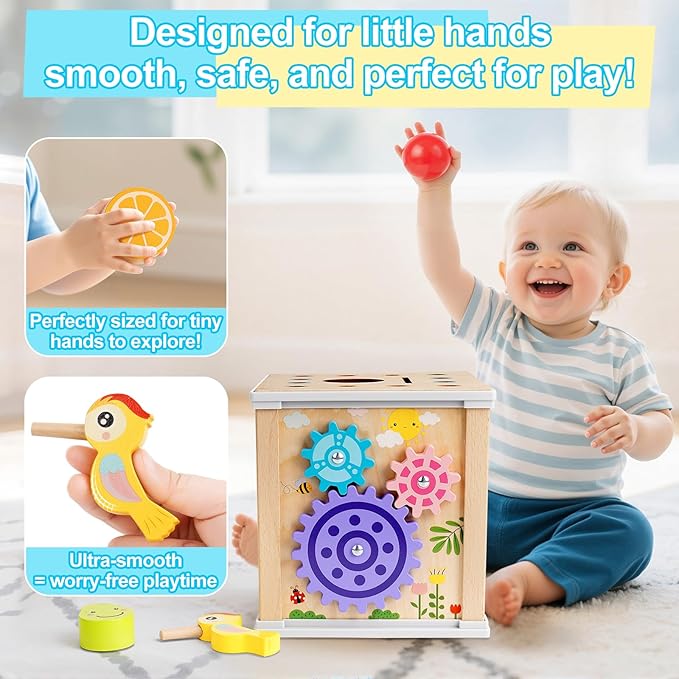 Wooden Activity Cube | 10-in-1 Montessori Toys | Multipurpose Baby Educational Developmental Toy | Bonus Shape sorter & Ball Coin Stick Drop Game | Birthday Gift for Baby Boys Girls