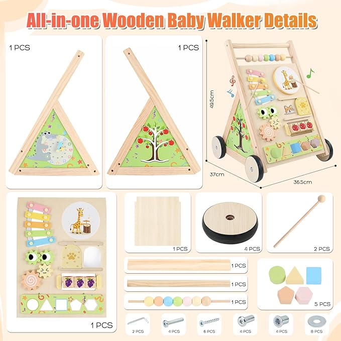 Wooden Baby Walker with Wheels Push Walker for Babies 6-12 Months Toddlers Montessori Walking Toys for 1 Year Old Learning to Walk Activity Center for 12-18 Months Boys Girls Gifts Color Sorting Toys