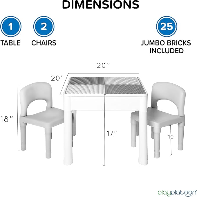 Play Platoon 5 in 1 Kids Activity Table and Chair Set - Stem Table for Toddlers with Building Block, Craft & Sensory Tables for Toddlers with 2 Chairs & 25 XL Blocks - Neutral Gray