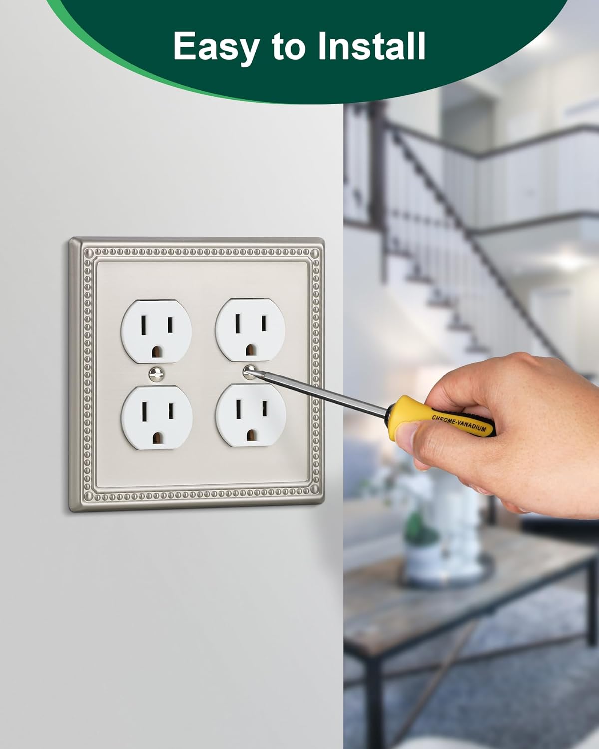 2-Pack Double Duplex Outlet Cover, Brushed Nickel Metal Switch Plates and Outlet Covers, Pearls Decorative Wall Plates for Electrical Outlets, 2 Gang Receptacle Cover, Corrosion Resistant