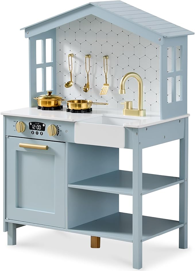 Best Choice Products Pretend Play Wooden Farmhouse Kitchen Set for Kids w/Toy Storage, Clicking Knobs, Windows, 5 Accessories Included - Ocean