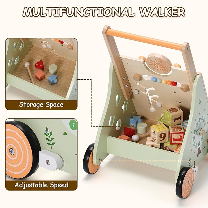 SainSmart Jr. Wooden Baby Walker, Adjustable Height and Speed Baby Push Walker, Montessori Activity Center for 6-12 Months, Push Walking Toys for 1 Year Old Boys Girls Learning to Walk, Animal Theme