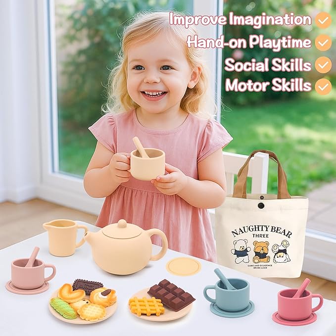 Silicone Tea Party Set for Little Girls Kids Toddlers Tea Set with Tea Pot Cups Food Pretend Play Kitchen Accessories Christmas Birthday Gift for Girls Age 3 4 5 6 Year Old Toys