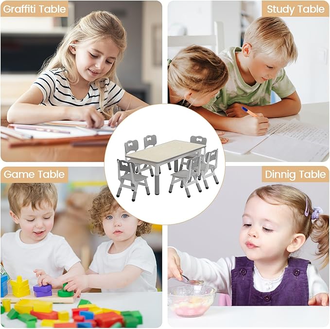 IDEALHOUSE Kids Table and 6 Chairs Set, Height Adjustable Toddler Table and Chair Set, Graffiti Desktop, Children Study Table for 6 for Home Daycare Preschool for Ages 2-10, Grey