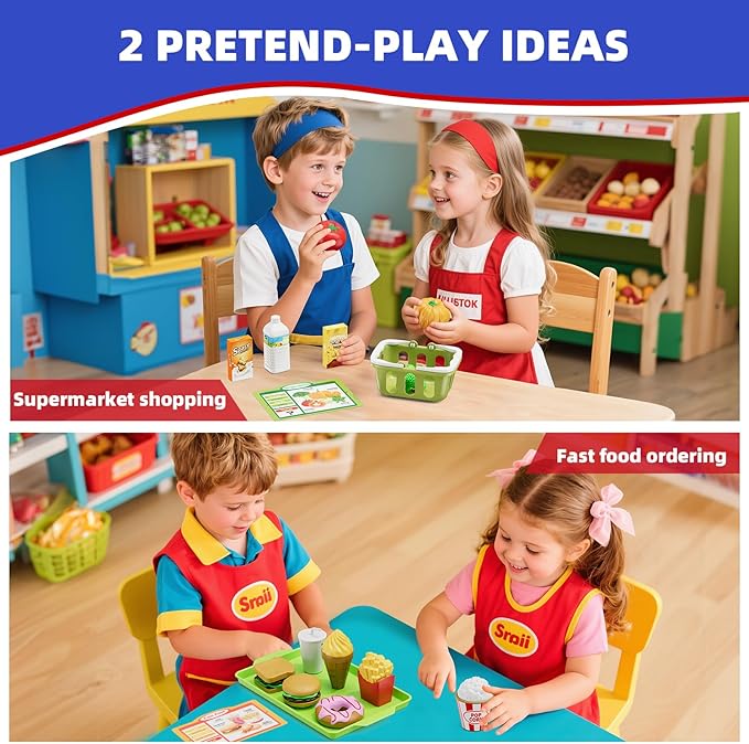 Wooden Cash Register for Kids, Rechargeable Pretend Play Supermarket & Fast Food Restaurant, Teen Cash Register with Play Money, Toy Food, Toddler Learning Toys for Kids Boy & Girl Age 3-5, Blue