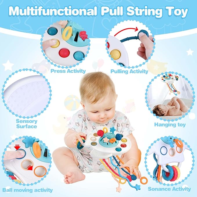 SpringFlower 0-3-6-12 Months Baby Toys, 5 in 1 Montessori Toys for Babies, Teething Toy & Stacking Building Block & Ring & Silicone Pull String, Sensory Development Baby Infant Toy, Gift for Babies