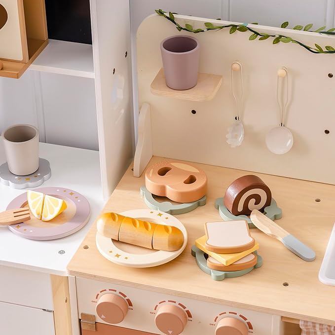 ROBOTIME Wooden Play Food Cutting Bread Set, Pretend Play Toy Food for Play Kitchen with Shopping Bag – Kids Kitchen Accessories, Wooden Bread Toys for Boys & Girls
